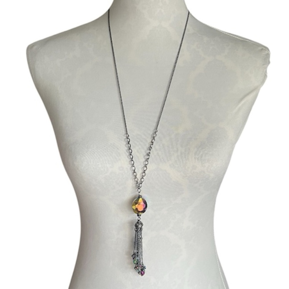 Iridescent Faceted Pendant Necklace with Gunmetal Tassel –Boho Statement Jewelry